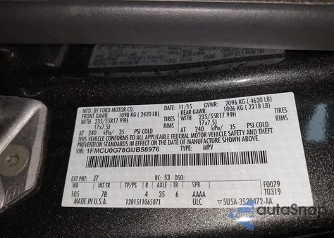2016 Ford Escape Se z USA, uszkodzony, nr VIN 1FMCU0G78GUB58976